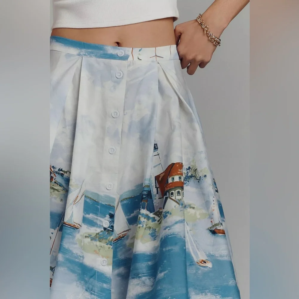 New Anthropologie Maeve 50's Seascape Print A-Line Skirt Size XL - Picture 4 of 9